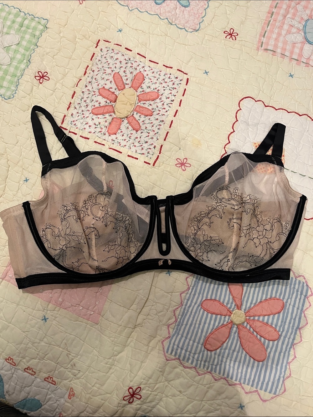 Cacique Nude Mesh Bra with Black Trim and Floral Stitch on Lace